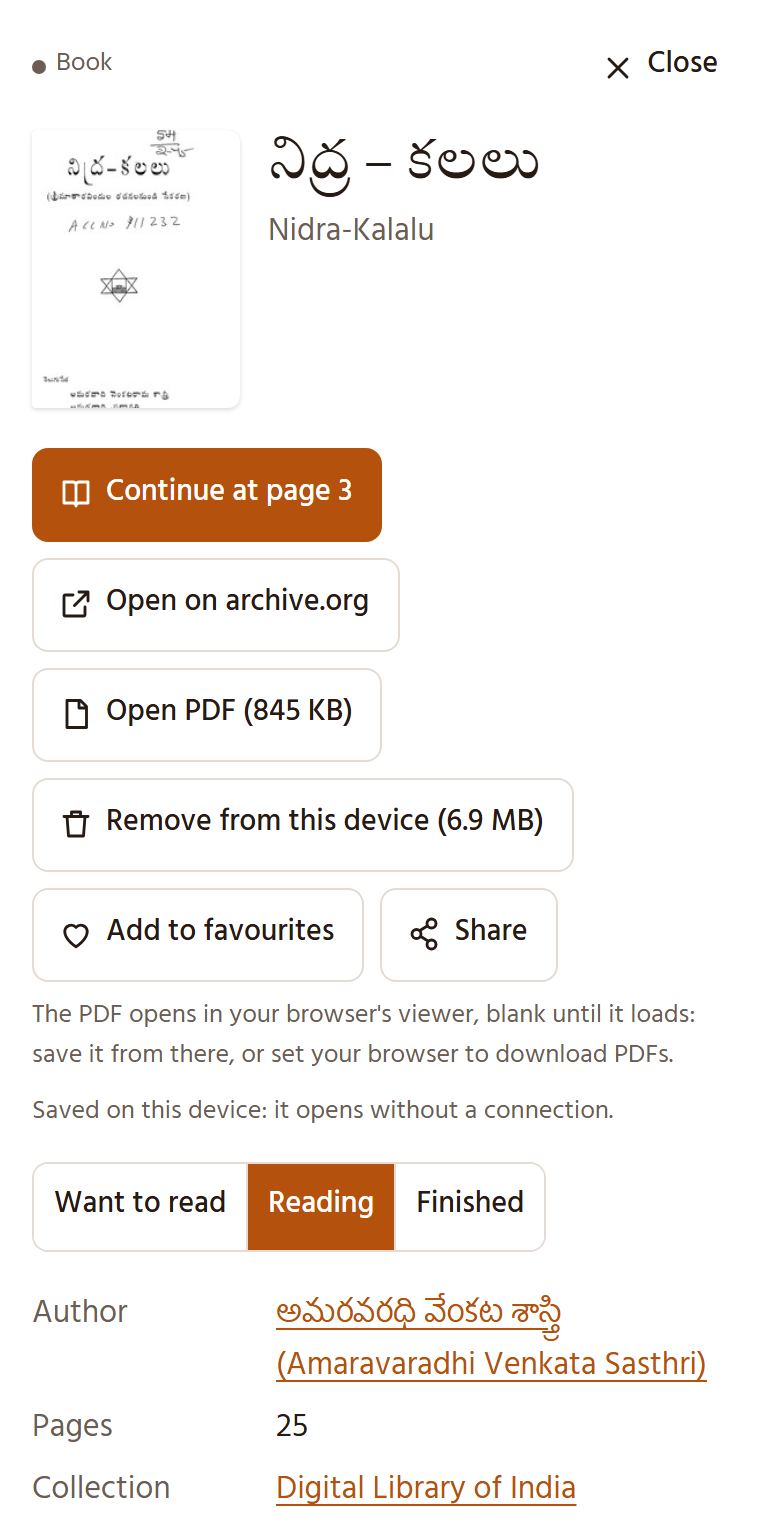 A book’s details: Read here, Open PDF, Save for offline reading